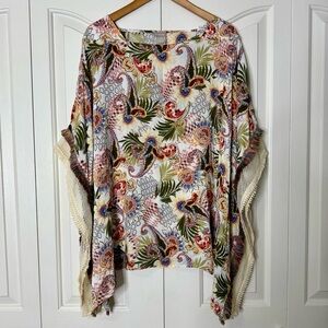 Chico’s boho poncho tunic S/M multicolor paisley crochet kimono butterfly sleeve